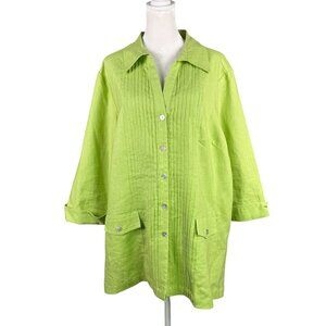 Sara Isabella Woman 2X Linen Button Up Pleated Shirt Jacket Lime Green Tunic